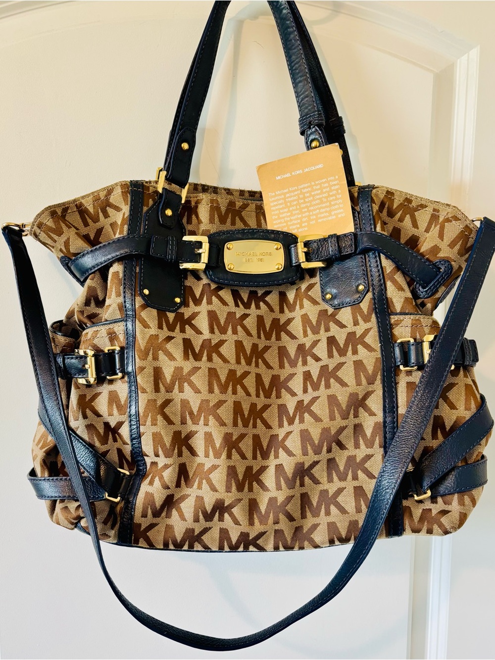 Michael Kors MK Monogram Tote Shoulder Bag Brown Navy Blue Canvas Leather Gold